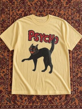 Gildan Yellow Tee with Black Cat 'Psycho' Graphic and Red Accents